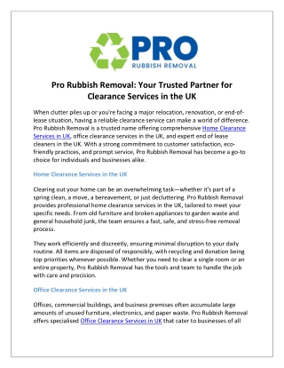 Pro Rubbish Removal Your Trusted Partner for Clearance Services in the UK