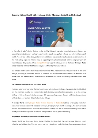 Improve Kidney Health with Hydrogen Water Machines Available in Hyderabad