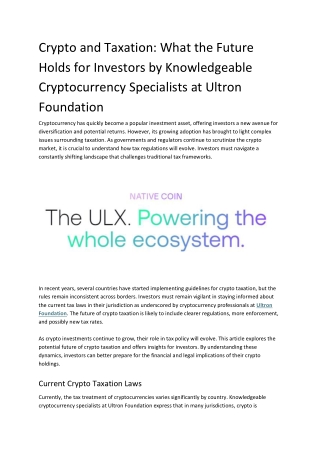 Crypto and Taxation What the Future Holds for Investors by Knowledgeable Cryptocurrency Specialists at Ultron Foundation