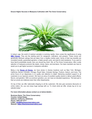Ensure Higher Success in Marijuana Cultivation with The Clone Conservatory - www.thecloneconservatory.com