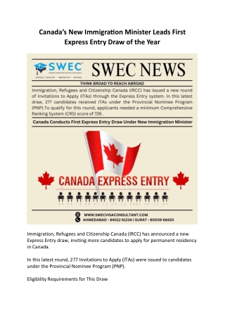 Canada’s New Immigration Minister Leads First Express Entry Draw of the Year