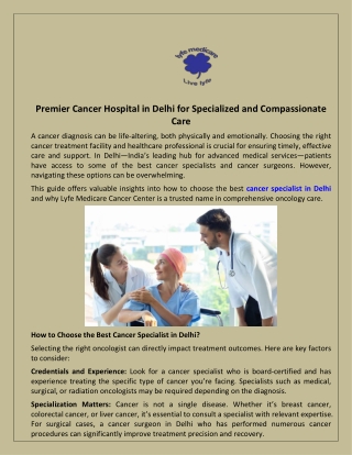 Premier Cancer Hospital in Delhi for Specialized and Compassionate Care