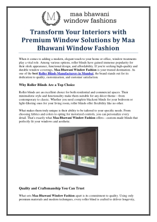 Best Roller Blinds Manufacturers in Mumbai for Modern Interiors