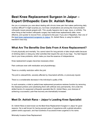 Best Knee Replacement Surgeon in Jaipur – Expert Orthopedic Care Dr. Ashish Rana
