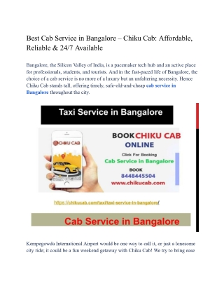 Best Cab Service in Bangalore – Chiku Cab_ Affordable, Reliable & 24_7 Available