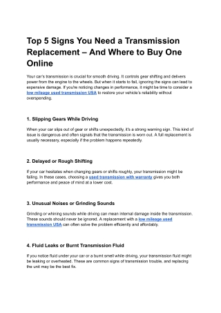 Top 5 Signs You Need a Transmission Replacement – And Where to Buy One Online