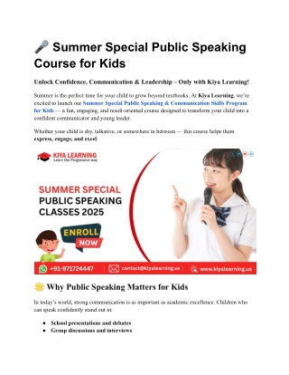 Summer Special Public Speaking Course for Kids
