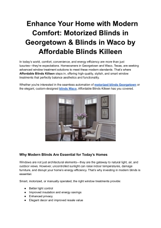 Enhance Your Home with Modern Comfort_ Motorized Blinds in Georgetown & Blinds in Waco by Affordable Blinds Killeen