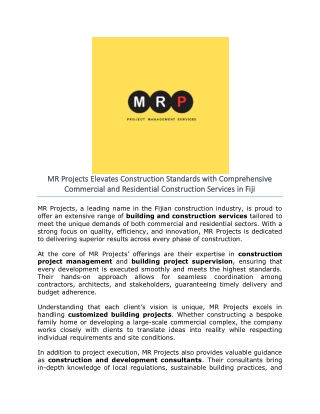 MR Projects Elevates Construction Standards with Comprehensive Commercial and Residential Construction Services in Fiji
