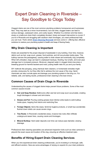 Fast & Affordable Drain Cleaning Riverside Experts