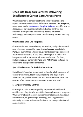 Best Cancer Hospital in Pune – Onco Life Centres Near You