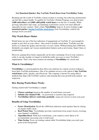 Get Monetized Quicker Buy YouTube Watch Hours from Viewtifulday Today
