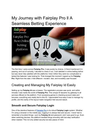 My Journey with Fairplay Pro ll A Seamless Betting Experience