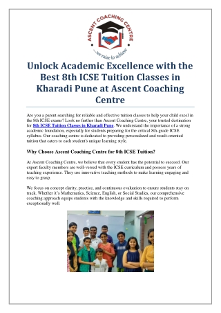 Join the Best 8th ICSE Tuition Classes in Kharadi Pune at Ascent Coaching Centre