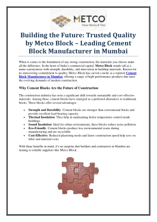 Top Cement Block Manufacturer in Mumbai – Trusted Quality by Metco Block