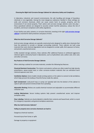 Choosing the Right Acid Corrosive Storage Cabinets for Laboratory Safety and Com