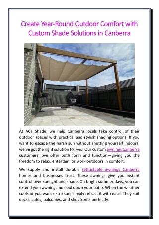 Create Year-Round Outdoor Comfort with Custom Shade Solutions in Canberra