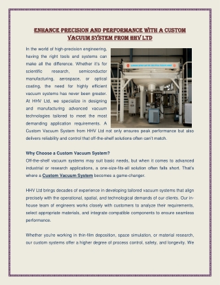 Enhance Precision and Performance with a Custom Vacuum System from HHV Ltd