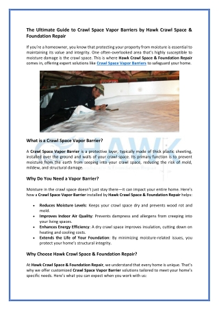The Ultimate Guide to Crawl Space Vapor Barriers by Hawk Crawl Space & Foundation Repair