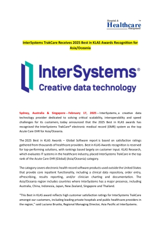 InterSystems TrakCare Receives 2025 Best in KLAS Awards Recognition