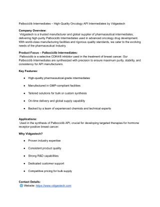 Palbociclib Intermediates – High-Quality Oncology API Intermediates by Vidgastech