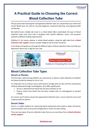 A Practical Guide to Choosing the Correct Blood Collection Tube