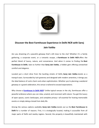 Discover the Best Farmhouse Experience in Delhi NCR with Saroj Jain Vatika