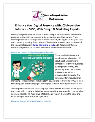 Enhance Your Digital Presence with JCS Acquistive Infotech – SMO, Web Design & Marketing Experts