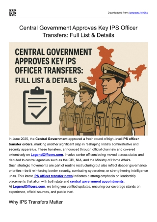Central Government Approves Key IPS Officer Transfers: Full List & Details