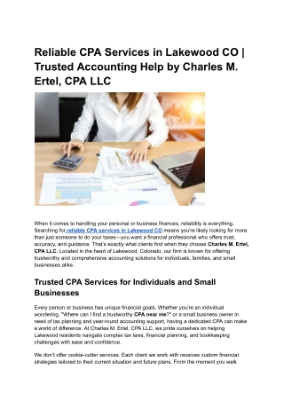 Reliable CPA Services in Lakewood CO _ Trusted Accounting Help by Charles M. Ertel, CPA LLC