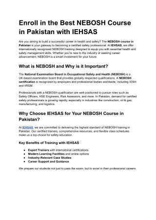 Enroll in the Best NEBOSH Course in Pakistan with IEHSAS