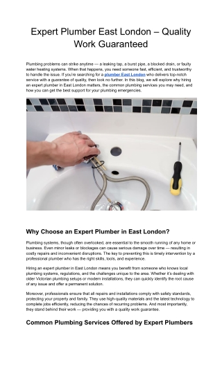 Reliable Plumber East London – 24/7 Emergency Support