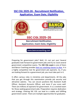 SSC CGL 2025-26 - Recruitment Notification, Application, Exam Date, Eligibility