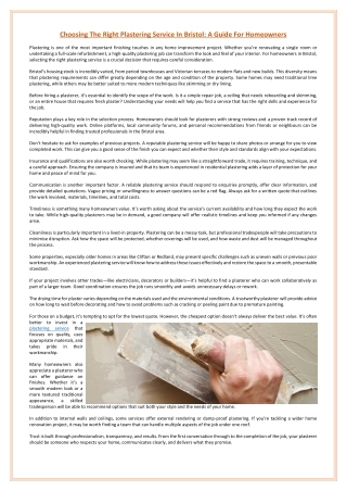 Choosing The Right Plastering Service In Bristol: A Guide For Homeowners