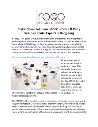 Stylish Space Solutions IROCO – Office & Party Furniture Rental Experts in Hong Kong