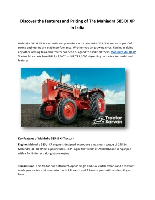 Discover the Features and Pricing of The Mahindra 585 DI XP in India