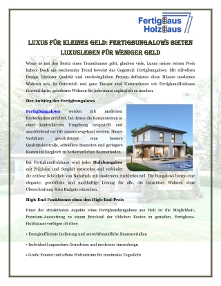 Luxus für kleines Geld Fertigbungalows bieten Luxusleben für weniger Geld