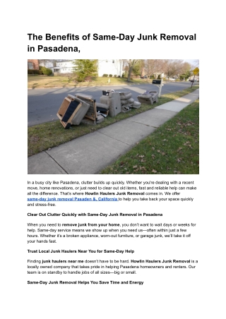 The Benefits of Same-Day Junk Removal in Pasadena,