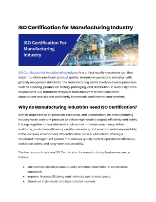 ISO Certification for Manufacturing Industry