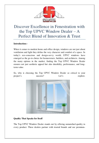 Discover Excellence in Fenestration with the Top UPVC Window Dealer – A Perfect Blend of Innovation & Trust