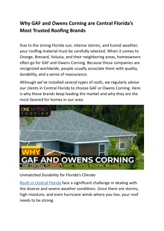 Why GAF and Owens Corning are Central Florida’s Most Trusted Roofing Brands