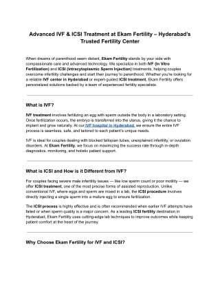 Advanced IVF & ICSI Treatment at Ekam Fertility – Hyderabad’s Trusted Fertility Center