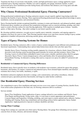 Residential Epoxy Flooring Contractors – Expert Installation &amp; Repair Servic