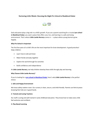 Nurturing Little Minds - Choosing the Right Pre School in Mankhool Dubai