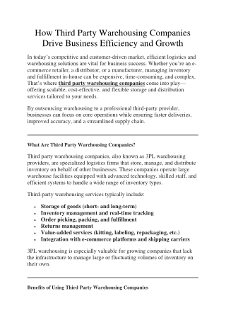 How Third Party Warehousing Companies Drive Business Efficiency and Growth