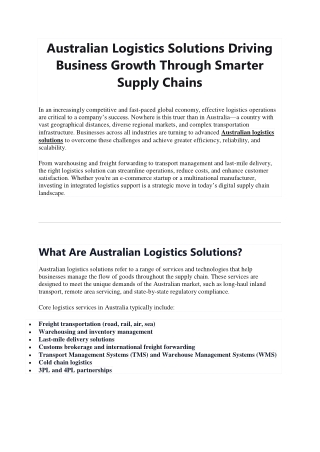 Australian Logistics Solutions Driving Business Growth Through Smarter Supply Chains