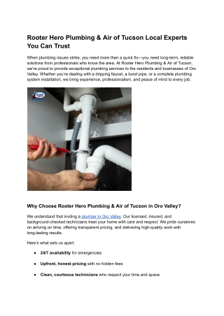 Trusted Plumber in Oro Valley – Rooter Hero Plumbing 24/7