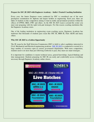 Prepare for SSC JE 2025 with Engineers Academy – India's Trusted Coaching Instit
