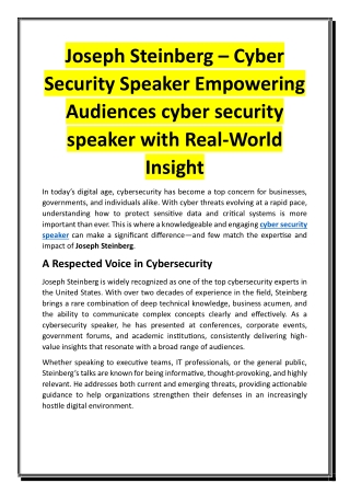 Joseph Steinberg – Cyber Security Speaker Empowering Audiences cyber security speaker with Real-World Insight