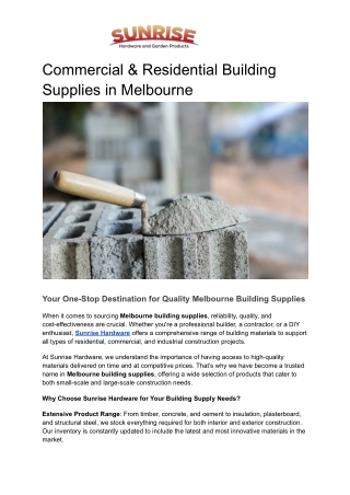 Commercial & Residential Building Supplies in Melbourne